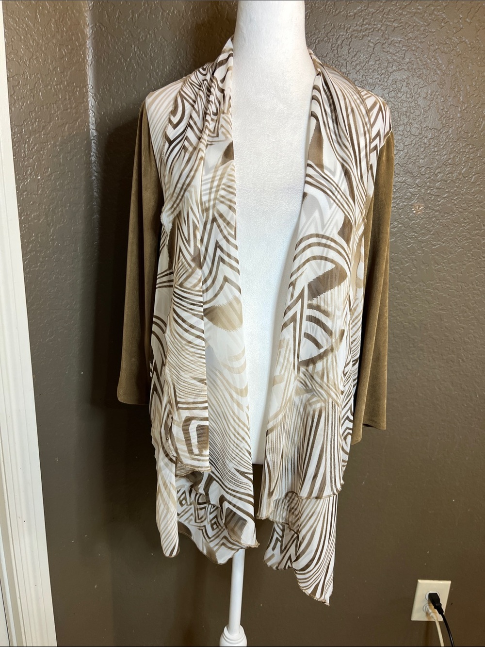 Lightweight Brown and Cream Draped Open-Front Cardigan